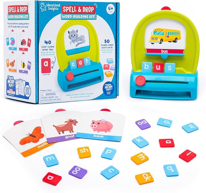Educational Insights Spell & Drop Word-Building Set - Sight Words Flash Cards & CVC Games, Phonics Blending Activities for Kids Learning to Read & Spell, Pre-K & Kindergarten Letter Tiles for Ages 4+
