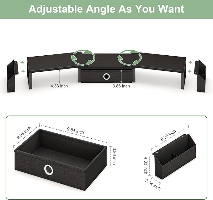 Dual Monitor Stand Riser w/ Drawer & Metal Leg, Large Computer Monitor Riser w/ Storage For 2 Monitors, Desk Shelf For Monitor w/ Adjustable Length & Angle, Desktop Organizer For Laptop/TV/Printer