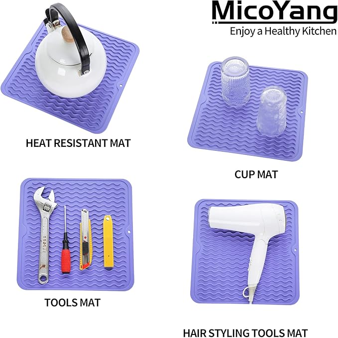 Silicone Dish Drying Mat for Multiple Usage,Easy clean,Eco-friendly,Heat-resistant Silicone Mat for Kitchen Counter or Sink,Refrigerator or Drawer liner Light Purple M 12 inches x 12 inches