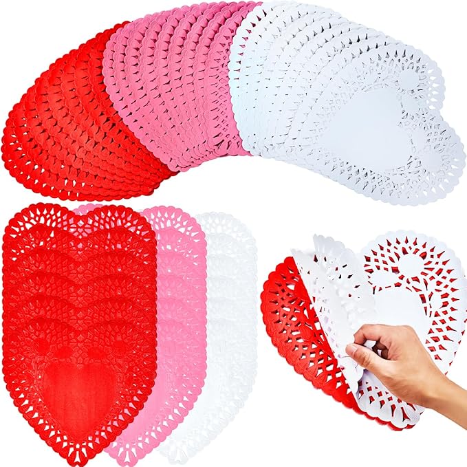 JOYIN 102 PCS 10" Valentines Day Heart Doilies, Tableware Decoration, Home Activitie, Kitchen Disposable Table Crafts, Red White Pink Heart Doilies