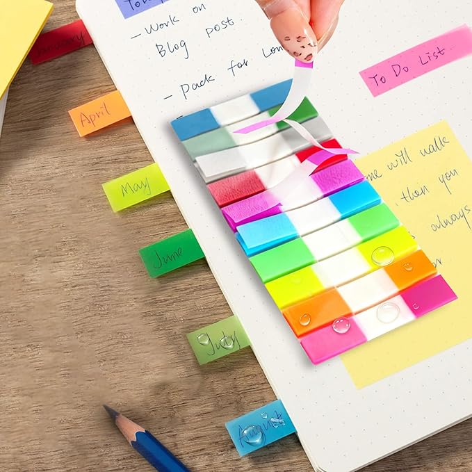 Sticky Tabs, 1000Pcs Transparent Pop Up Writable Colored Book Index Tab, Colorful Repositionable Page Markers Book Tabs for Books and Classify Files, Reading Notes, Teacher Supplies