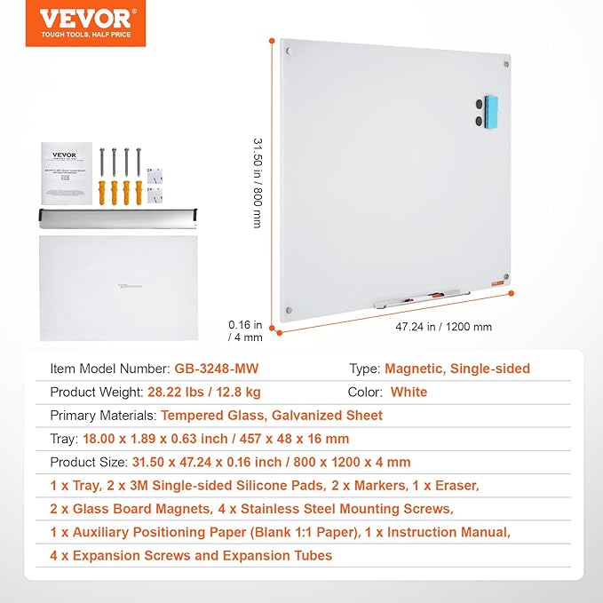 VEVOR Magnetic Glass Writing Board, Erasable 48"x32", Frameless Wall Hanging White Glassboard, Includes Marker Holder, an Eraser, and 2 Writing Pens, White