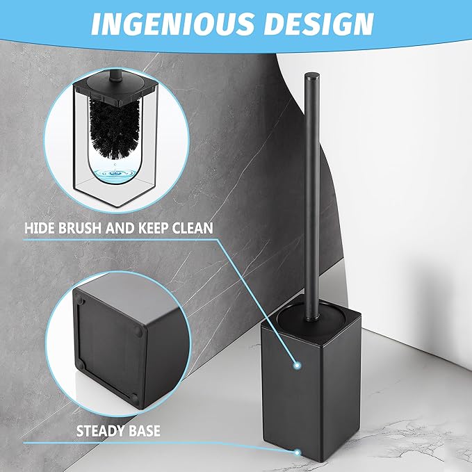 Toilet Brush and Holder Black for Bathroom Storage and Organization,Square Deep Cleaning Black Toilet Brush for Bathroom