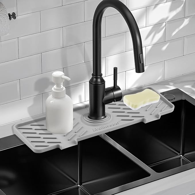Meiliweser Silicone Faucet Mat for Kitchen Sink – Gen 3 10° Slope Splash Guard with Cuttable Hole – 14” x 5.5” Drip Catcher & Sponge Holder for Kitchen, Bathroom (Gray)