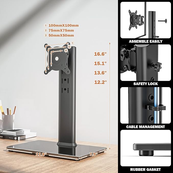 Hemudu 2 Pack Single LCD Computer Monitor Free-Standing Desk Stand Riser for 13 inch to 32 inch Screen with Swivel, Height Adjustable, Rotation, Holds One (1) Screen up to 77Lbs(HT05B-201)