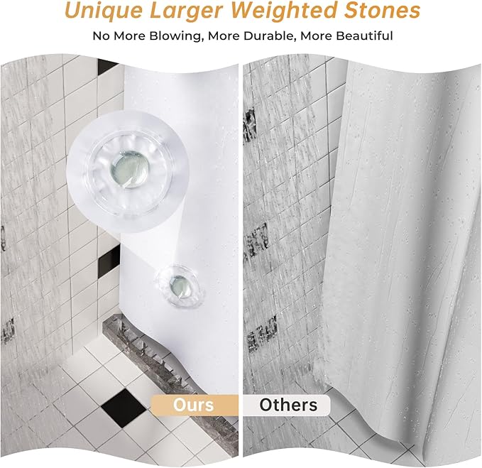 AmazerBath Plastic Shower Curtain, 72 x 65 Inches PEVA Heavy Duty White Shower Curtain, Waterproof Heavy Weight Thick Bathroom Curtain with 3 Big Clear Weighted Stones and 12 Rustproof Grommets