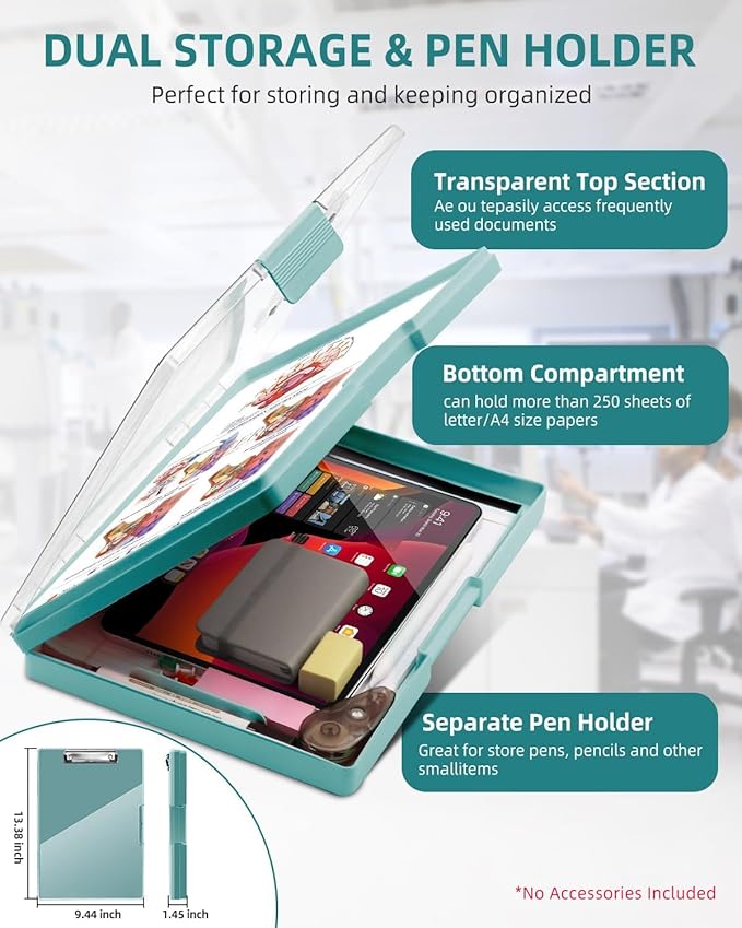 Clearview Clipboard with 2 Storage, Dry Erase 8.5x11 Heavy Duty ClipBoards - High Capacity Coaches Clip Board with Pen Holder - Side Opening Plastic Nursing Clip Case (Turquoise)