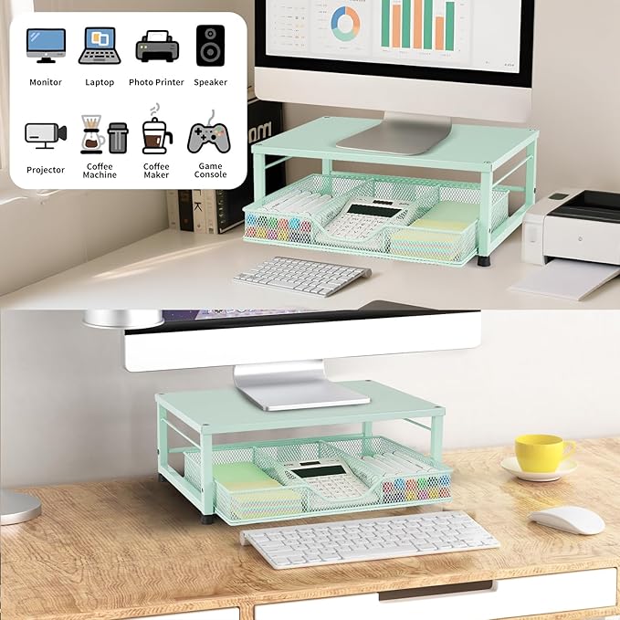 Small Laptop Stand for Desk, Monitor Stand Riser, Office Desk Accessories, Computer Desktop Stand with Drawer for Home, Office, School (Mint Green)