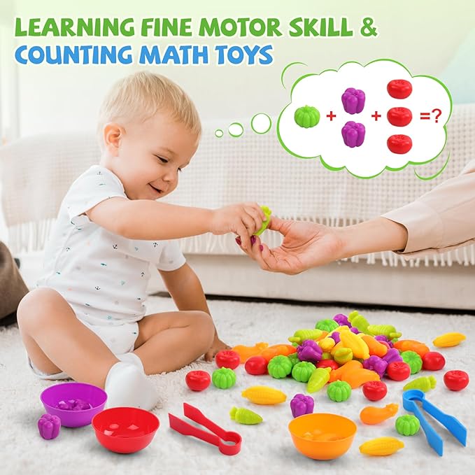 TSYAN Counting Vegetables Matching Games Sensory Toys with Sorting Bowls Preschool Learning Activities Color Classification Fine Motor Educational Toys Set Gift for Boys Girls Toddlers Toys Age 3+
