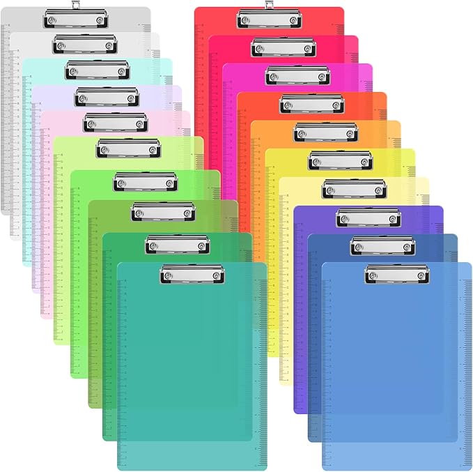 20 Pcs Plastic Clipboards Bulk with Scale Lines 20 Assorted Colors Clear Colored Clip Board 12.5 x 9 in Standard A4 Letter Size Low Profile Clipboard Portable for Classroom Office Supplies Students