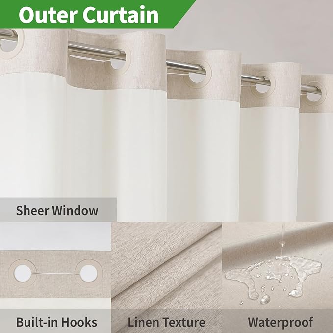 No Hooks Polyester Textured Shower Curtain with Snap-in Fabric Liner Set, Hotel Luxury Decor Shower Curtains for Bathroom with See Through Top Window, Waterproof & Washable, 71Wx74H, Cream