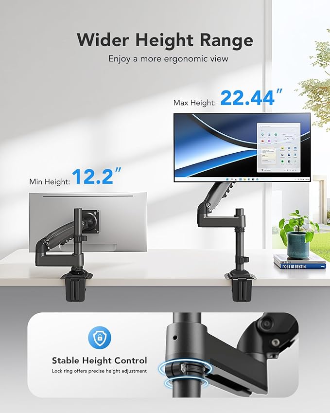 HUANUO Single Monitor Arm, Adjustable Desk Mount for 13-34 inch Screens, Holds 19.8lb, 22.44 inch Max Height, Full Motion Swivel Gaming Monitor Stand with VESA 75x75mm and 100x100mm Compatibility