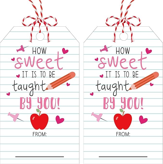 50Pcs Teacher Valentine's Day Tag - Happy Valentine Tags with String, Sweet Teacher Gift Label Idea Valentines Activity School Classroom Party Favors