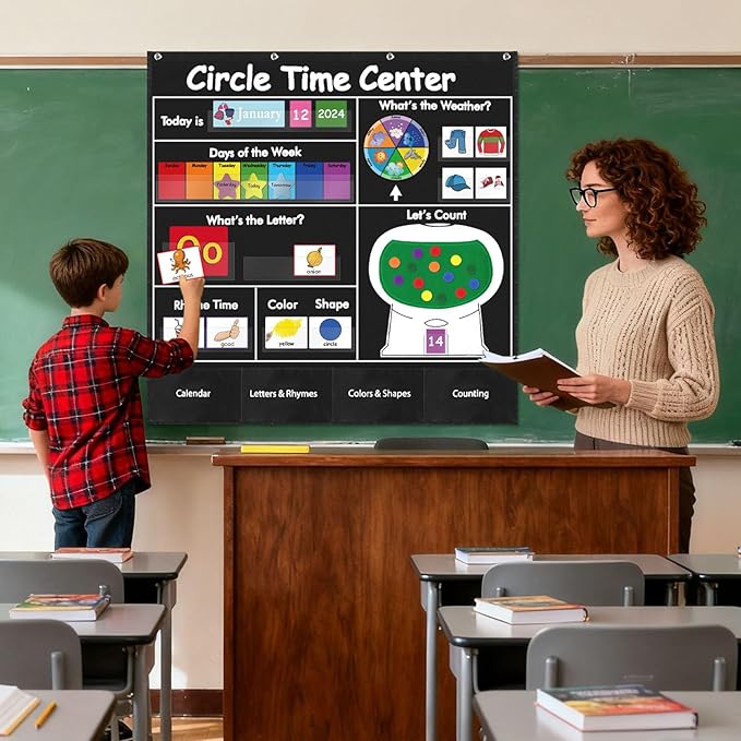 Circle Time Learning Center Pocket Chart, Calendar for Classroom, Educational Pocket Chart Learning Calendar Weather Letter Counting Rhyme Color Shape(Black)