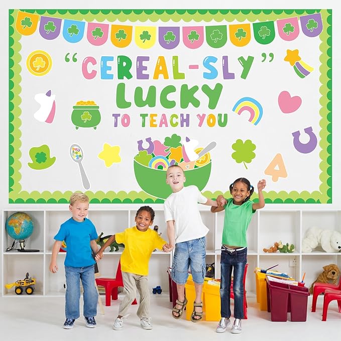 St. Patrick's Day Bulletin Board Set March Classroom Decorations Lucky Shamrock Unicorn Paper Cutouts St. Patrick's Day Green Bulletin Board Borders for School Wall Door Decor