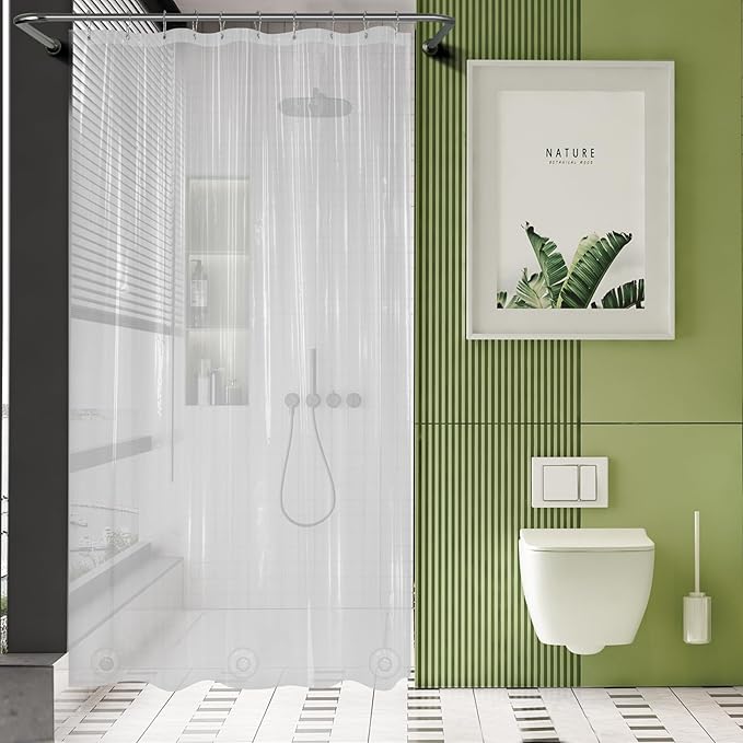 AmazerBath Long Stall Shower Curtain 60x84 Inches, Premium PEVA Heavy Duty Clear Shower Curtain, Waterproof Thick Bathroom Curtain with 3 Big Weighted Stones and 10 Rustproof Grommet Holes