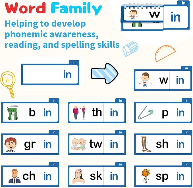 Word Family Build Book, 30 Read and Rhyme Flip Activity Book, Dinosaur ABC Learn to Read Phonics Flash Cards for Preschool/Kindergarten, CVC Words Reading Games for Kids Ages 3-8