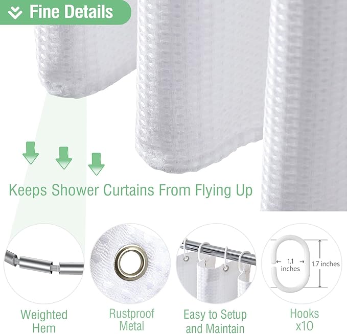 Dynamene 60 inch Stall Shower Curtain - Waffle Weave Heavy Duty Thick Fabric Shower Curtains for Bathroom,Weighted Hotel Spa Luxury Cloth Bath Curtain Set with 10 Plastic Hooks,60x72, White