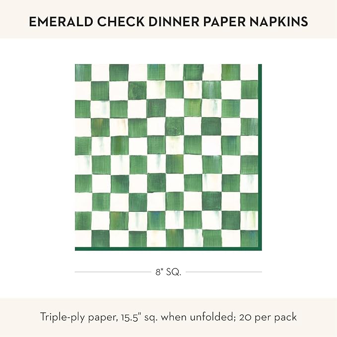 MACKENZIE-CHILDS Pack of 20 Dinner Paper Napkins, Decorative Napkins for Parties, Green-and-White Emerald Check