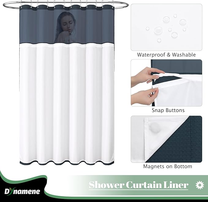 Dynamene 78 Inch Long Shower Curtain, Tall Waffle Fabric Shower Curtains for Bathroom, Hotel Waterproof Cloth Shower Curtain Liner Set with Hooks, Snap in Liner, Mesh Top Window, Navy Blue, 72x78