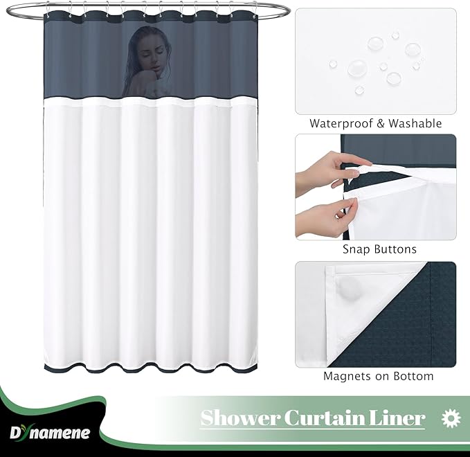Dynamene Extra Long Shower Curtain, 84 Inch Long Waffle Fabric Shower Curtain for Bathroom, Tall Waterproof Cloth Shower Curtain Liner Set with Hook, Snap in Liner, Mesh Top Window, Navy Blue, 72x84