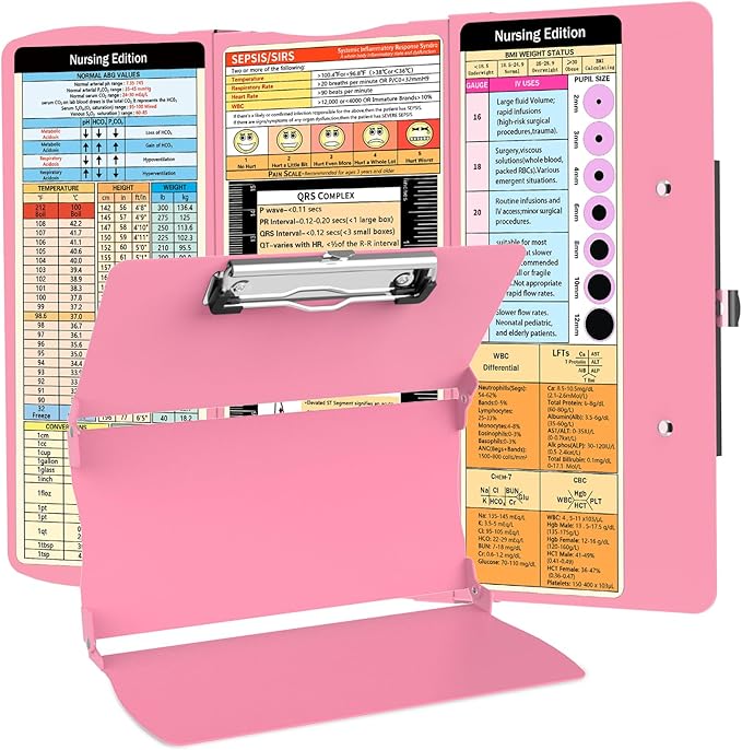 Nursing Clipboard Foldable Nurse Clipboard: 3 Layers Aluminum Folding Clip Board Pocket Size Medical Clipboards Nursing Edition Cheat Charts for Nurses Students Doctors Pink