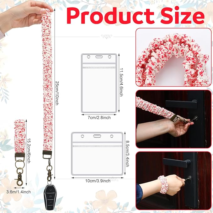 Marspark 2 Set Scrunchie Lanyards with 4 Card Holders for ID Badges and Keys Cute Stretchy Scrunchie Neck and Wrist Lanyards for Teacher Women Nurses School Office Supplies(Red White,Floral)