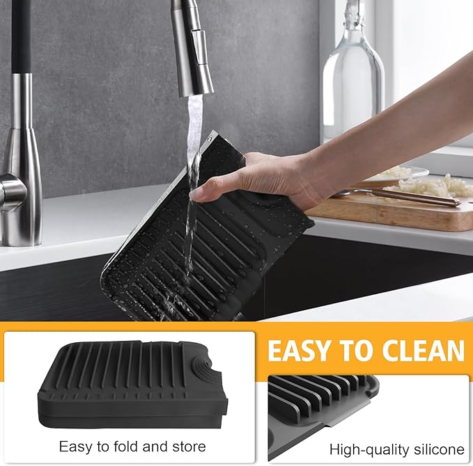 17.7-Inch Kitchen Sink Splash Guard Mat | 7° Slope for Fast Self-Draining | Snap-Lock Design | Universal & Cuttable Silicone