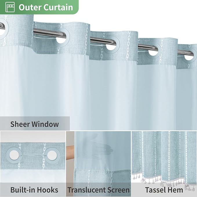 No Hook Extra Long Shower Curtain Set with Snap-in Liner,Linen Textured Thick Striped Fabric with Tassels,Boho Chic Modern Farmhouse Bathroom Curtain,Water-Repellent,Fog Blue,71x86
