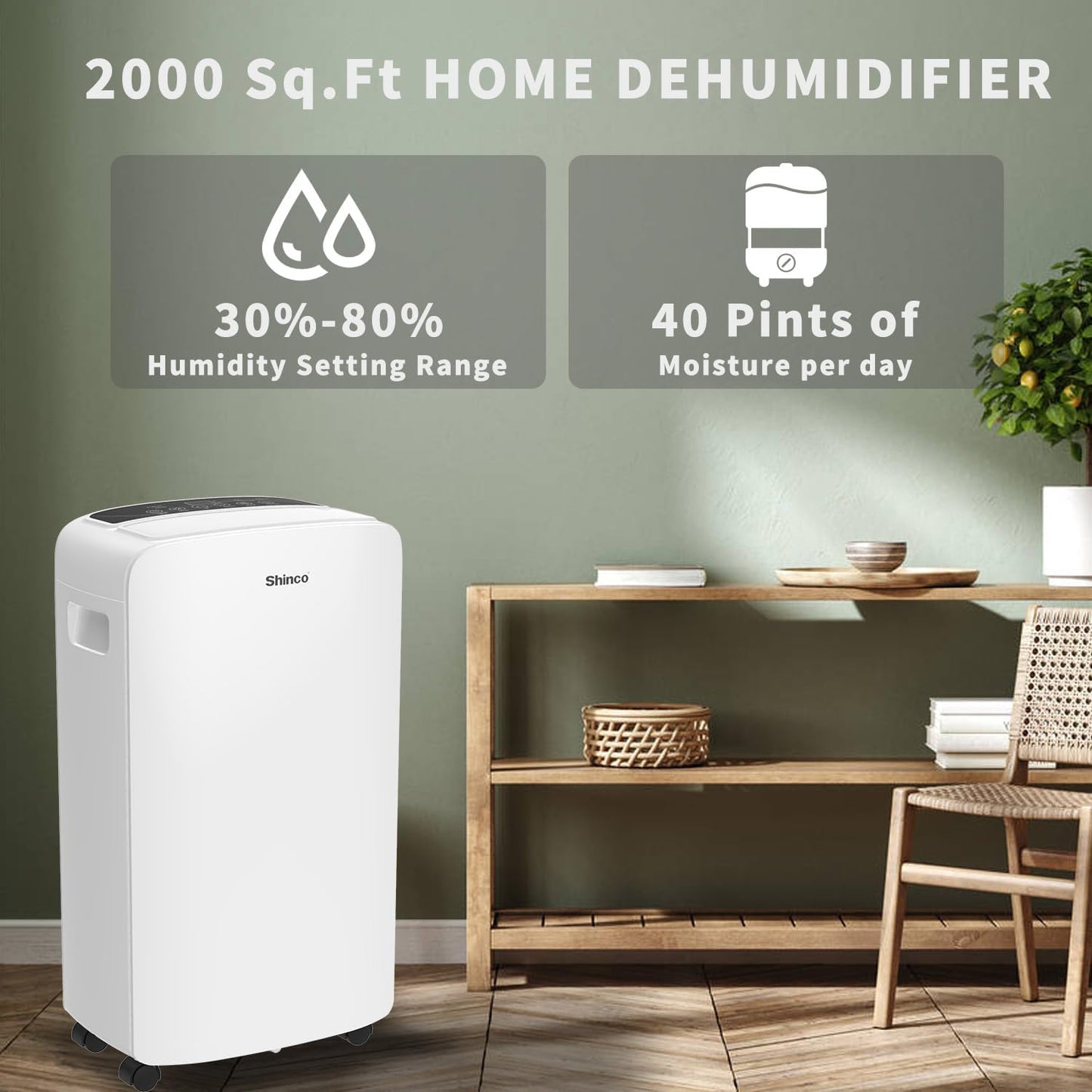 Shinco 40 Pints Dehumidifier for Home and Basements, 2000 Sq.Ft Dehumidifiers with Drain Hose, Auto or Manual Drainage, Auto Defrost, Quietly Remove Moisture, Intelligent Humidity Control, 24HR Timer