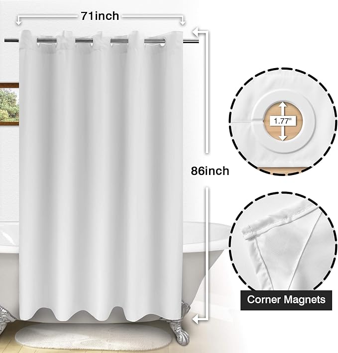River Dream Extra Long No Hook Shower Curtain TPU Lining & No Required Liner, 71" x 86"(84") Hotel Fabric Shower Curtain for Bathroom, Bottom Magnets & Waterproof, White, 71x86