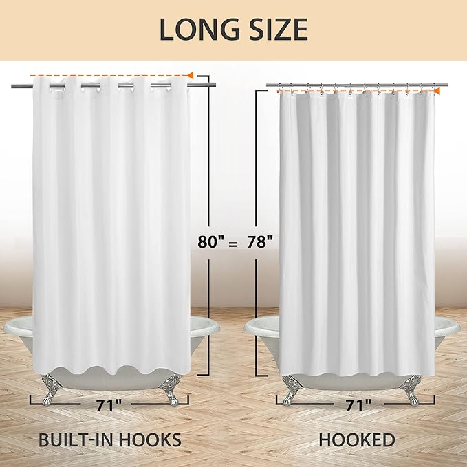 River Dream No Hook Long Shower Curtain or Liner Soft Microfiber - 78" Length Fabric Shower Curtain Liner Set, Machine Washable & Water Repellent, White, 71x80