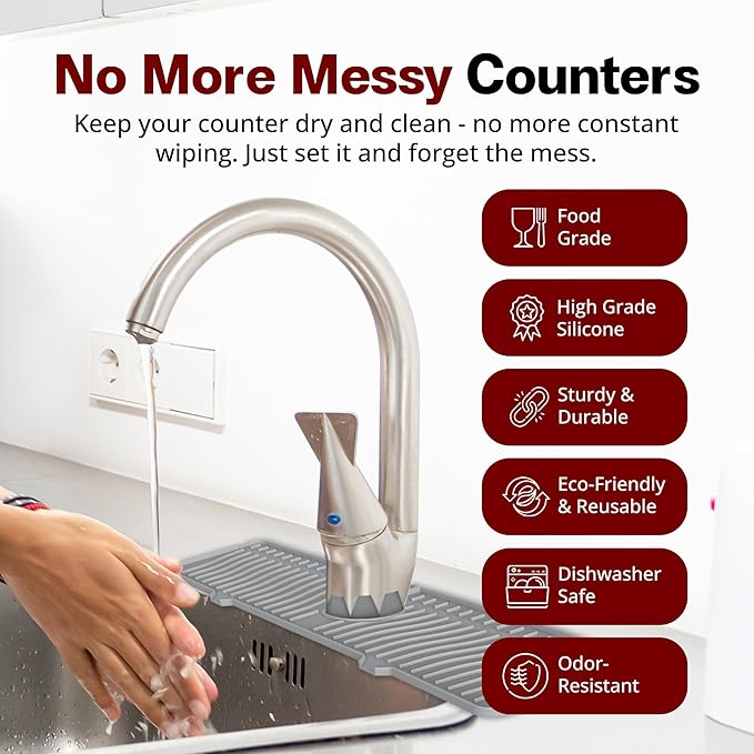 ODRAGO Silicone Kitchen Sink Splash Guard - 24.01 Inch Faucet Mat for Kitchen Sink Water - Longer Faucet Handle Drip Catcher Tray-Sink Guard for Kitchen Sink (Grey)