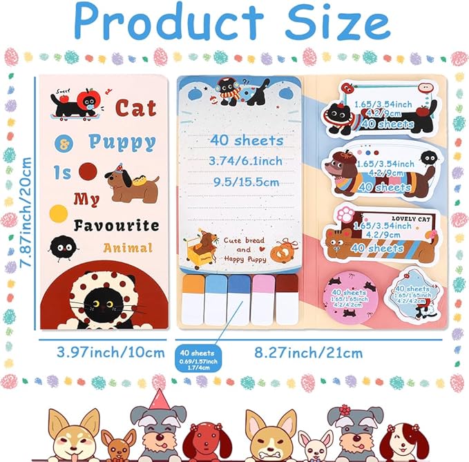 QPIXVB Cute Sticky Notes,Dog Cat Sticky Notes Set,440 Sheets,Cat Dog Gifts for Women,Cute School Supplies,Christmas Gifts for Grandkids,Writing Memo Pads for Students Home Office School Supplies