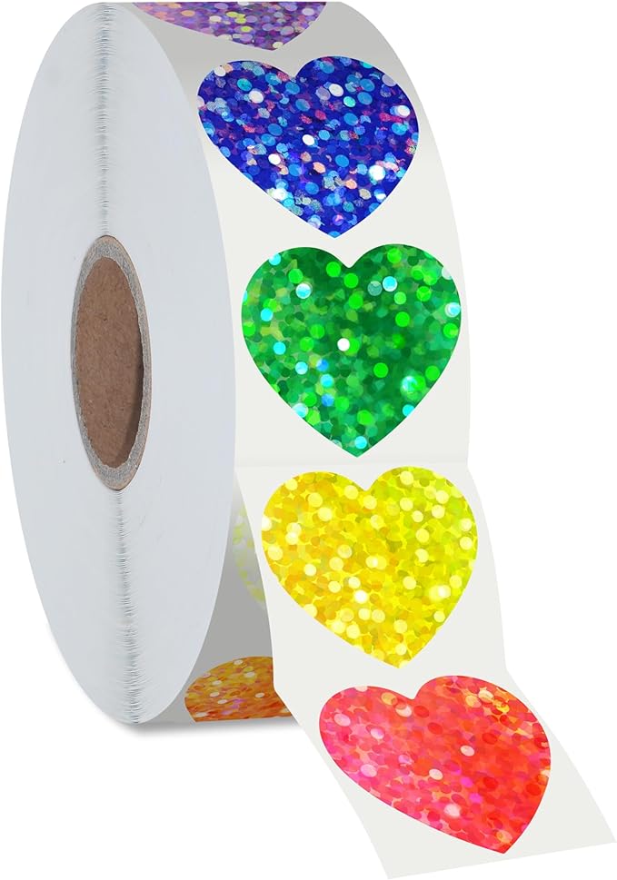 500 PCS Glitter Heart Stickers, 8 Colors Metallic Glitter Stickers Self Adhesive Waterproof Reflective Heart Stickers Love Decorative Labels for Wedding, Classroom Teacher Supplies (Each Measures 1”)