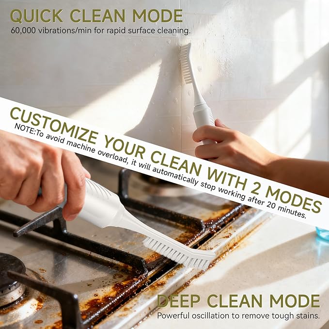Electric Crevice Cleaning Brush, IPX7 Waterproof Grout Scrub Brush with 2 Replaceable Heads, Power Shower Scrubber for Kitchen, Bathroom, Window Track & Tight Gaps Cleaning