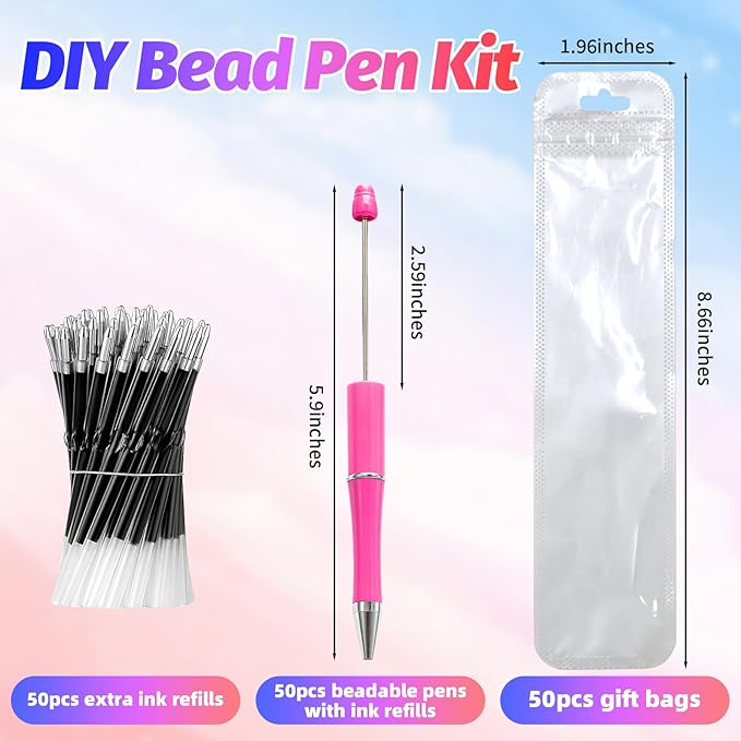 150 Pieces DIY Beadable Pen Kit – 50 Plastic Ballpoint Pens with Refills & Bags – School Supplies, Office Accessories & Decorative Items for Students & Teachers (Rose Red)