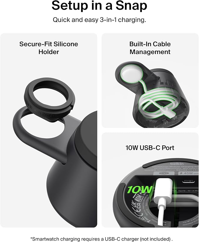 Belkin 3-in-1 Wireless Charging Station for Samsung Galaxy S26, Android - Qi2.2 25W Magnetic Charger for Pixel 10, iPhone 17, USB C Port for Galaxy, Pixel, & Apple Watch (Watch Charger Not Included)
