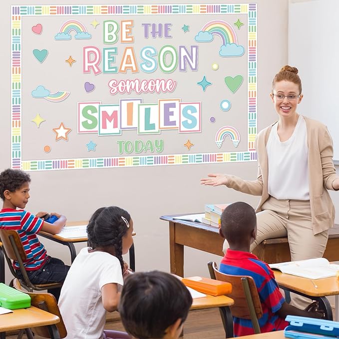 Pastel Classroom Bulletin Board Decoration Set Welcome Borders Cutouts Rainbow Decor for Door Welcome Bulletin Board Kindergarten Preschool School Craft Home Wall(Be The Reason Someone Smile Today)