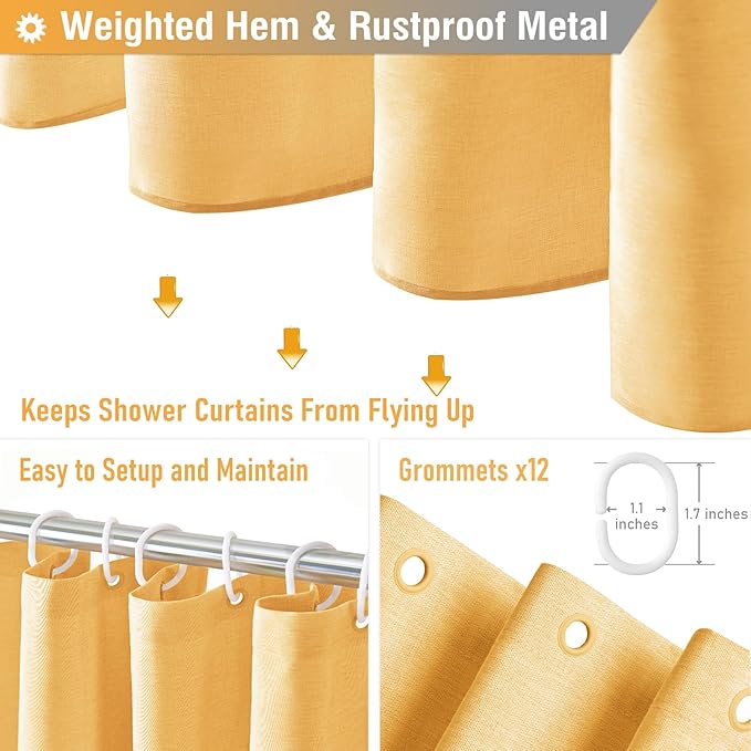 BTTN Extra Long Shower Curtain, 96 Inch Linen Textured Heavy Duty Fabric Shower Curtain Set with 12 Plastic Hooks, Large Luxury Decorative Polyester Cloth Shower Curtains for Bathroom, 72"x96", Gold
