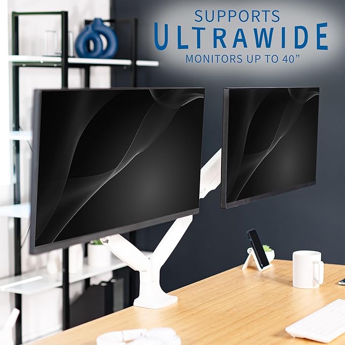 VIVO Premium Aluminum Heavy Duty Dual Monitor Arm for Ultrawide Monitors up to 40 inches and 32.5 lbs Each, Desk Mount Stand, Pneumatic Height, Max VESA 100x100, White, STAND-V202QW