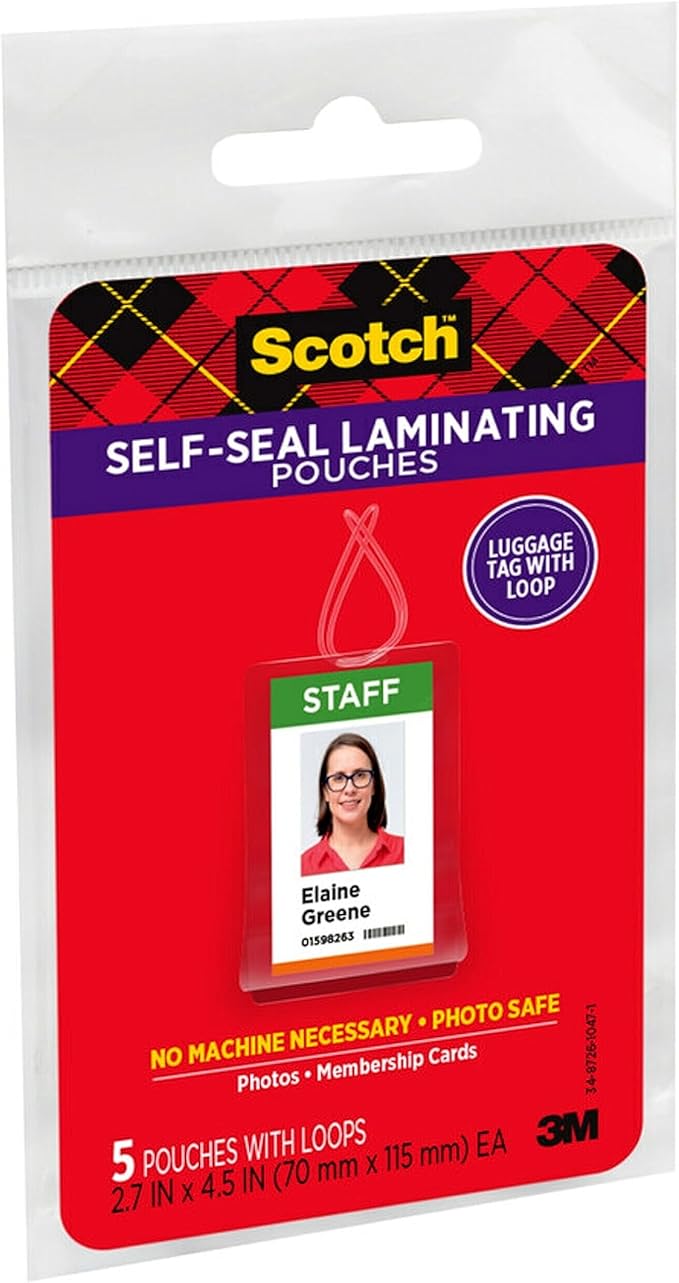 3M Scotch Self-Sealing Laminating Pouches, Bag Tags with Loops, Glossy, 5 Pouches (LS853-5G)