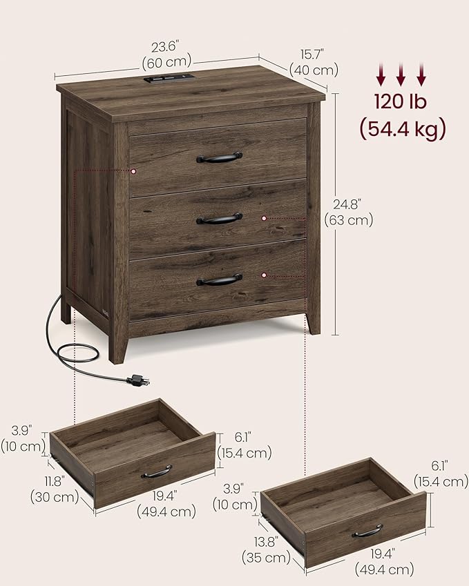 VASAGLE LIRY Collection - Farmhouse Nightstand with Charging Station, Set of 2, Bedside Tables, Side End Tables with 3 Drawers, for Bedroom, Taupe Brown ULET979T01