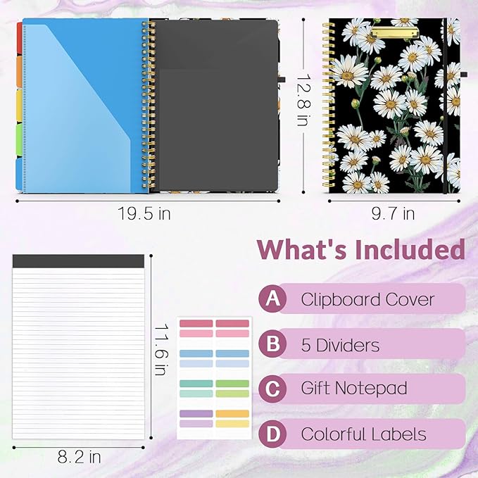 Sooez Clipboard Folio with Refillable Notepad, Folder with 10 Storage Pockets for Letter Size, Spiral Clipboard Notebook, Cute Portfolio for School, Office & Nursing
