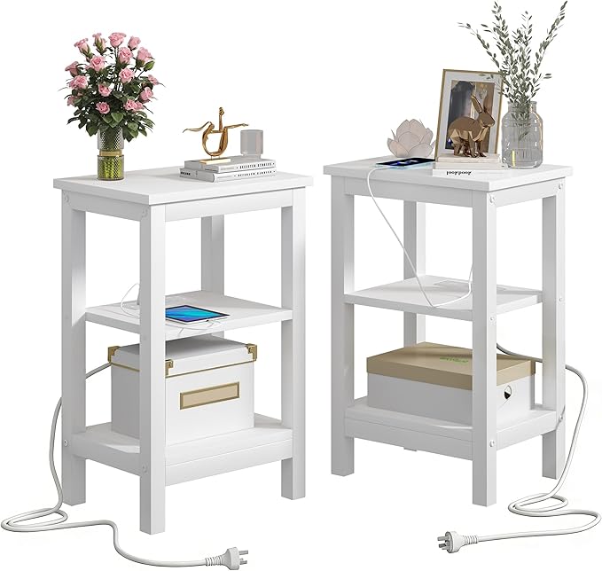 VECELO Modern Nightstands with Charging Station,Side End Table Night Stand with Storage Shelf for Small Spaces, Bedroom,Living Room