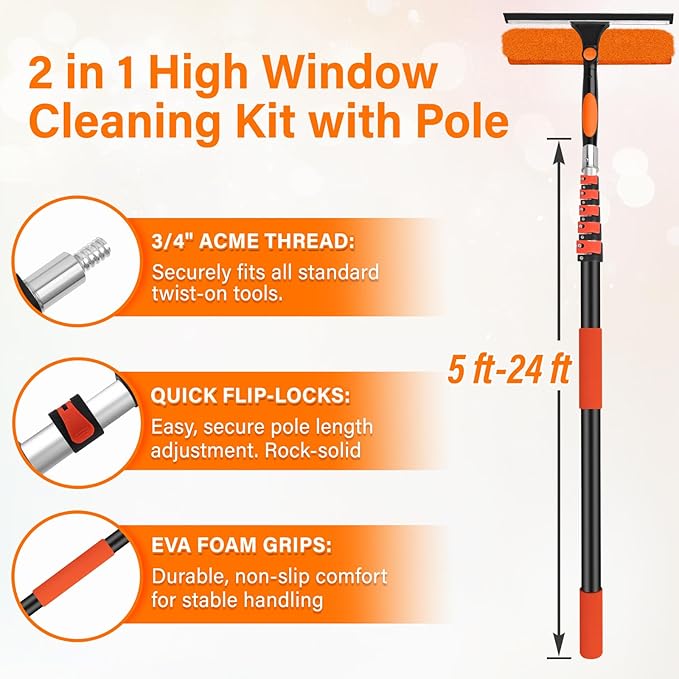30FT Telescoping Window Squeegee Kit | 2-in-1 Professional Window Washer & Microfiber Scrubber with Extension Pole | High Reach Cleaning Tool for Outdoor, Indoor Windows & Glass