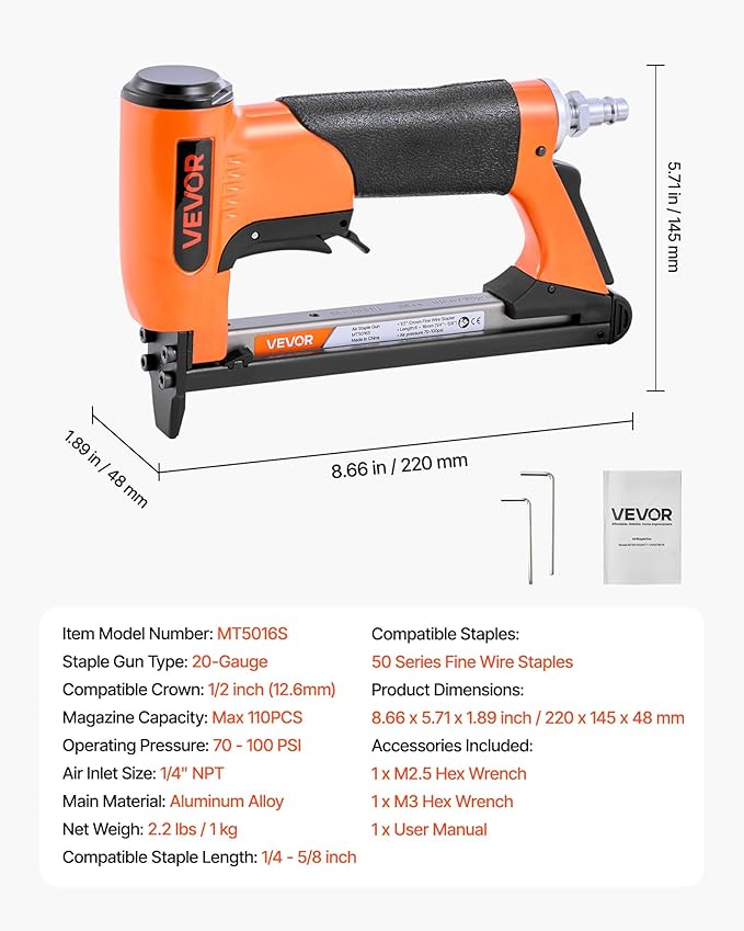 VEVOR Pneumatic Staple Gun, 20 Gauge Air Upholstery Stapler for 50 Series Fine Wire Staples 1/2" Crown 1/4"-5/8" Length, Max 110PCS Loading Air Staple Gun for Upholstering, Woodworking, DIY Projects