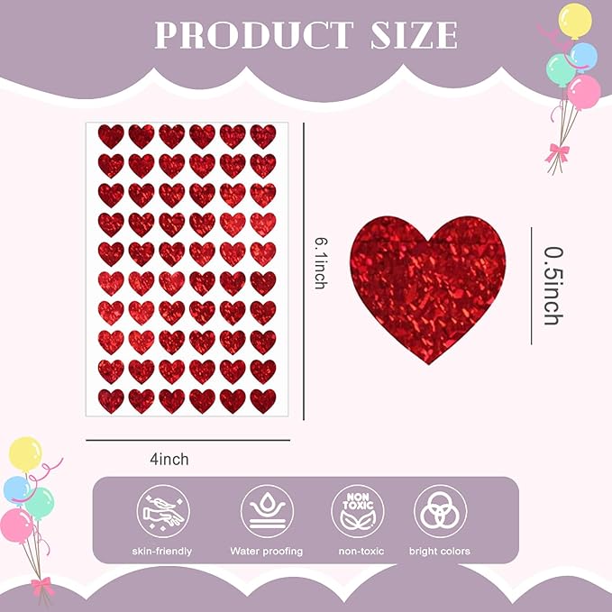 1800pcs Mini Heart Stickers (0.5 Inch), Holographic Red Small Stickers for Envelope Seals, Teacher Classroom Rewards, Planners, Scrapbooking & Valentines Day Decoration (30 Sticker Sheets)