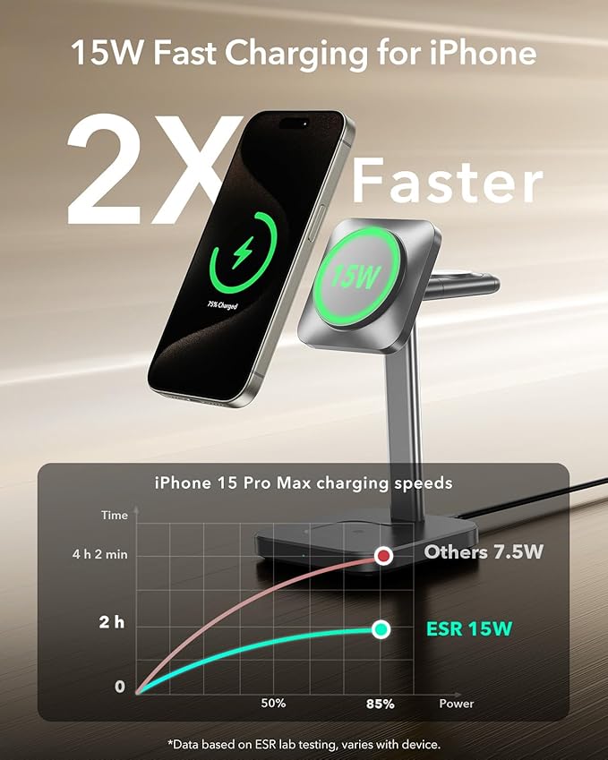 ESR for 3 in 1 Wireless Charging Station, Certified Apple Watch Charger, 15W MagSafe Charger Stand for iPhone, Wireless Charger for Multiple Devices iPhone 17/16/15/14/13, Watch, AirPods, Grey