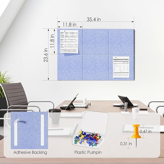 MaxGear Large Cork Board for Wall 36" x 24", Light Blue Bulletin Board, 6 Pack Felt Wall Tiles with Pushpins, Cork Boards for Office Pin Board Tack Board Cork Boards